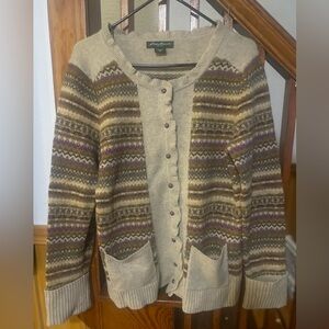 Eddie Bauer Cream Fair Isle Lamb’s Wool Cardigan Sweater, Women’s XL winter cozy